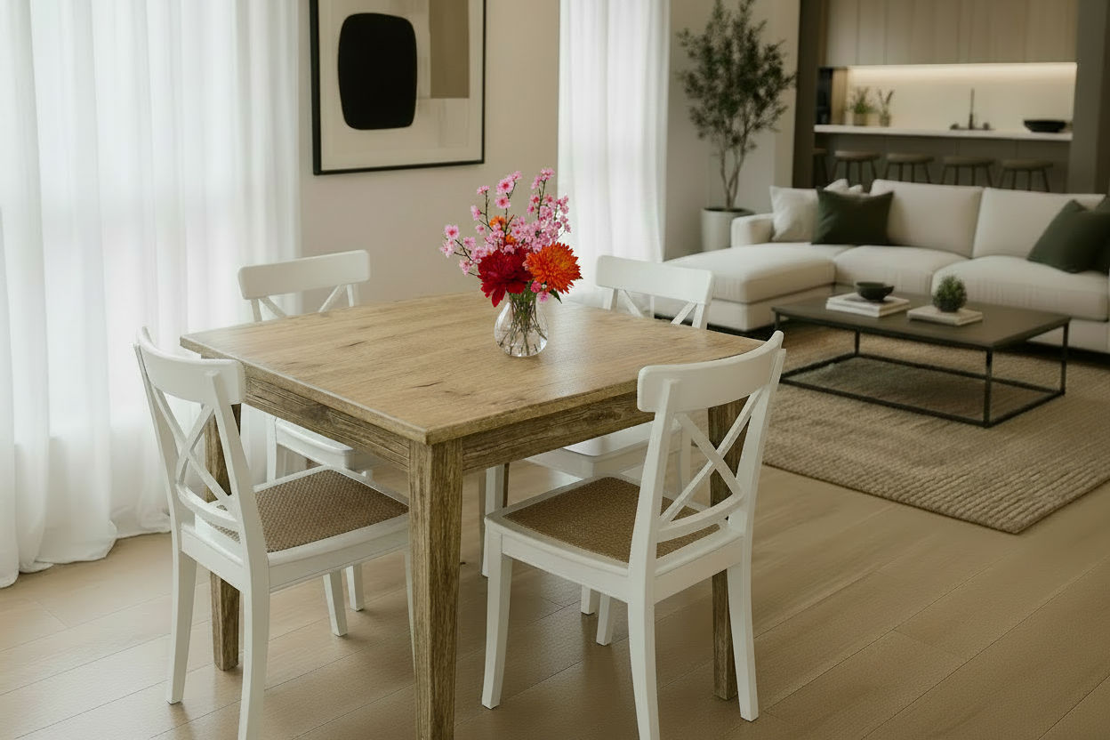 TARA SOLID OAK SQUARE DINING TABLE (90 X 90) NATURAL + 4 MELROSE ELMWOOD CROSSBACK CHAIRS WHITE - MyChocolateWood