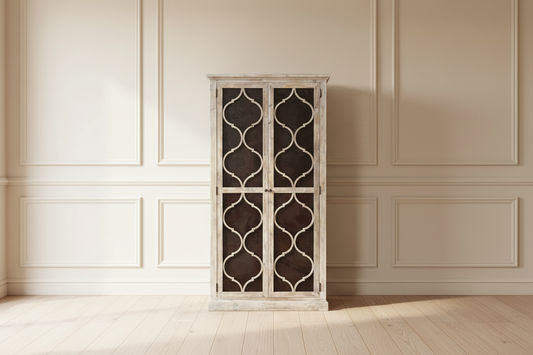 REINA GREYWASHED RECYCLED TIMBER/HERITAGE METAL 2-DOOR BOOKCASE DISPLAY CABINET - MyChocolateWood