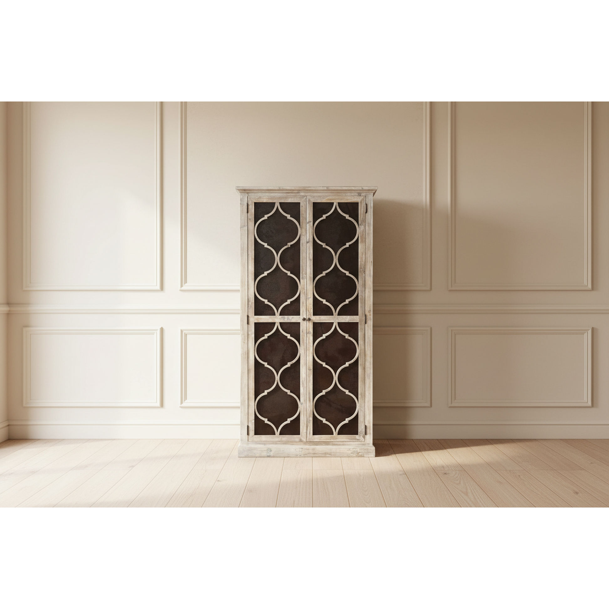 Reina Greywashed Recycled Timber 2-Door Bookcase Display Cabinet with Heritage Metal Panels - Chocolate Wood