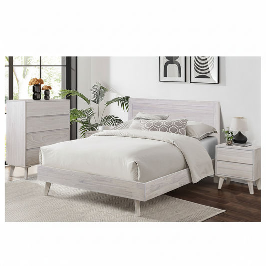 Halifax 4 Piece Solid Acacia Bedroom Suite: 1 Double Bed, 1 Tallboy, 2xBedside Tables in Brushed White