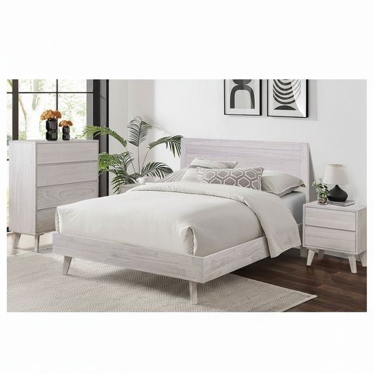 Halifax 4-Piece Solid Acacia Bedroom Suite in Brushed White — Double Bed, Tallboy & 2 Bedside Tables