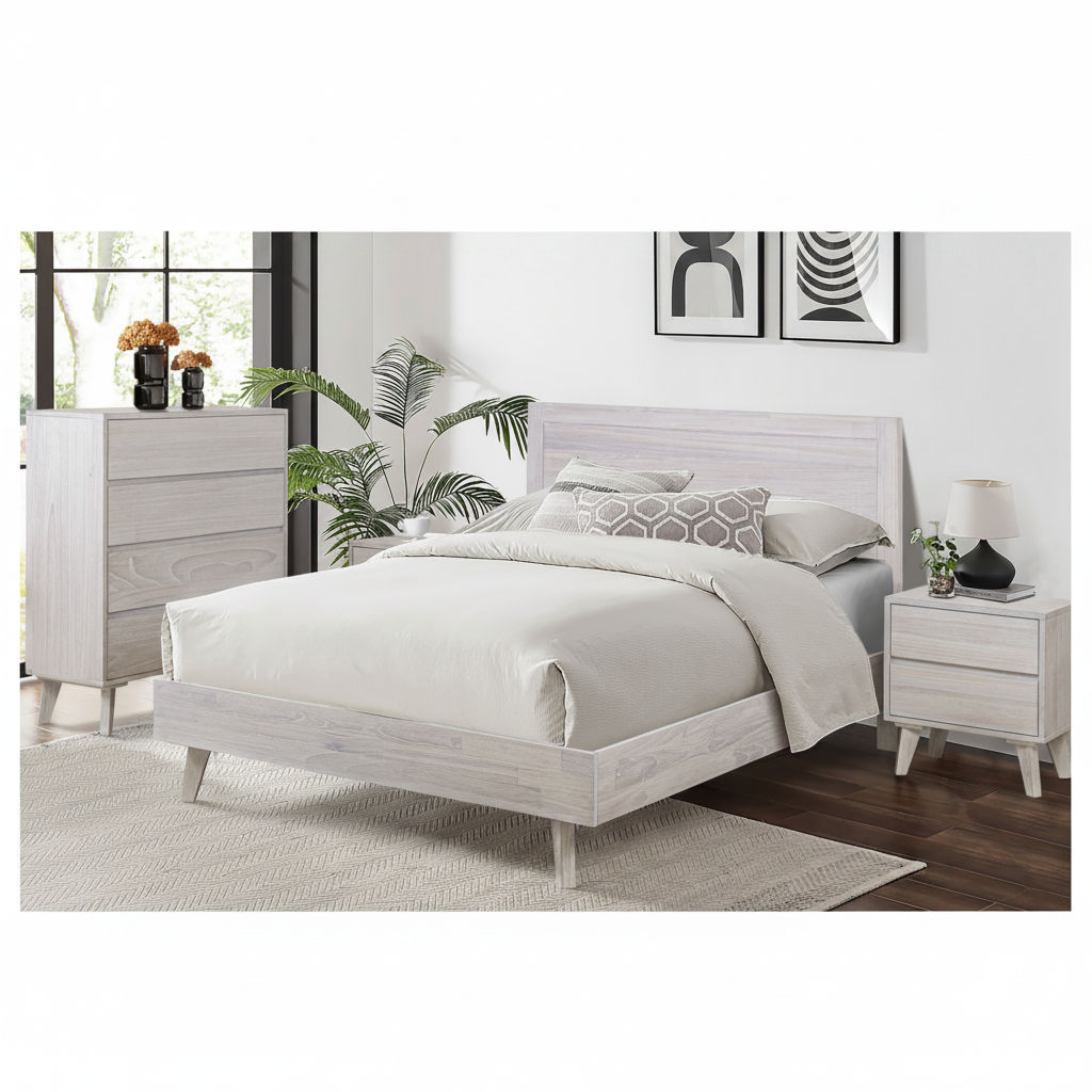 Halifax 4 Piece Solid Acacia Bedroom Suite: 1 Double Bed, 1 Tallboy, 2xBedside Tables  in Brushed White