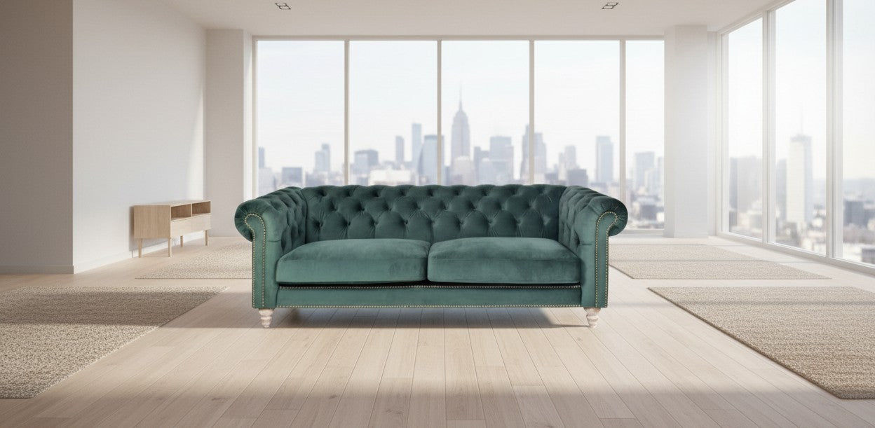 Gotcha 3-Seater Chesterfield Sofa in Green Velvet - Chocolate Wood
