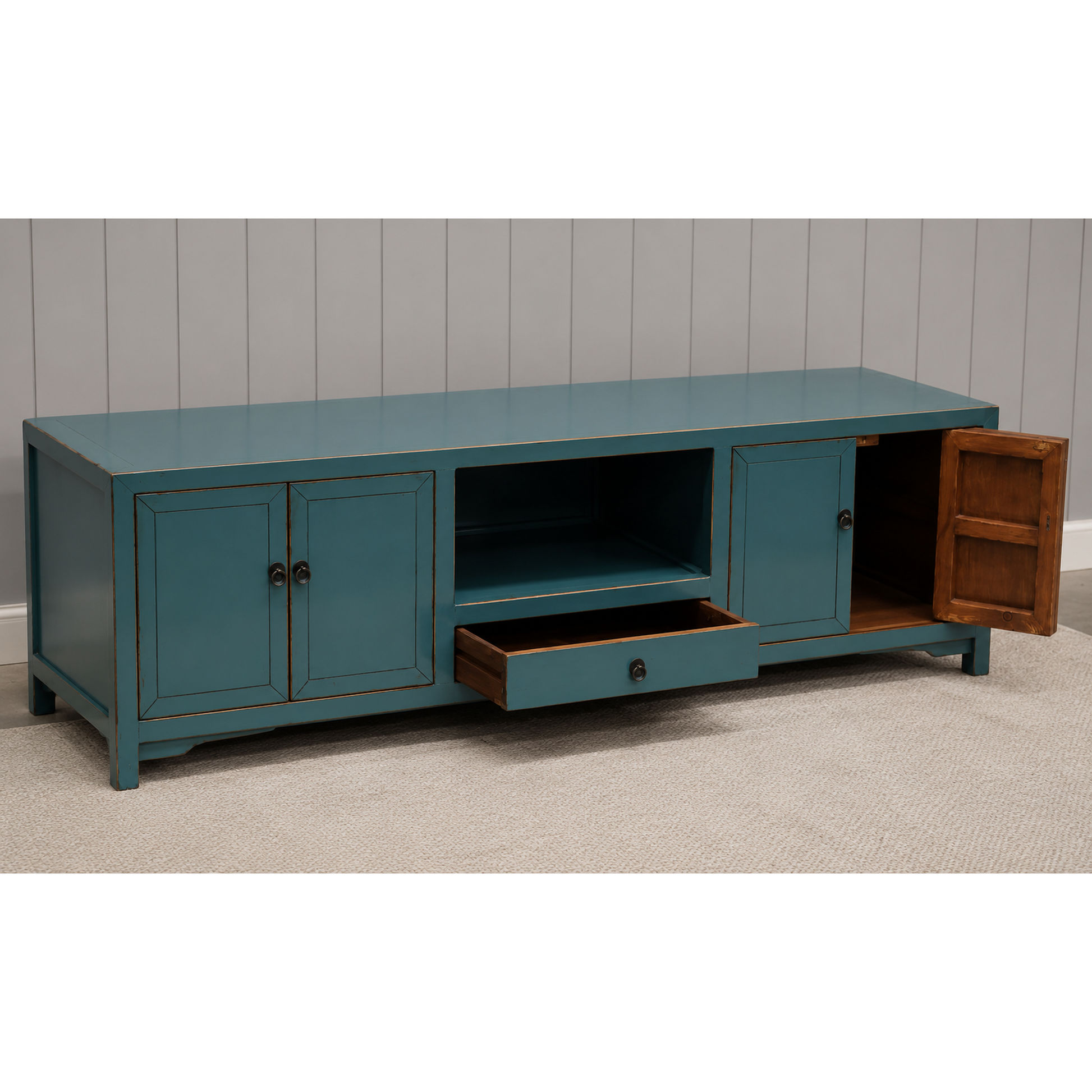 Brielle Recycled Pine 4-Door 1 Drawer TV Unit Teal - 172cm
