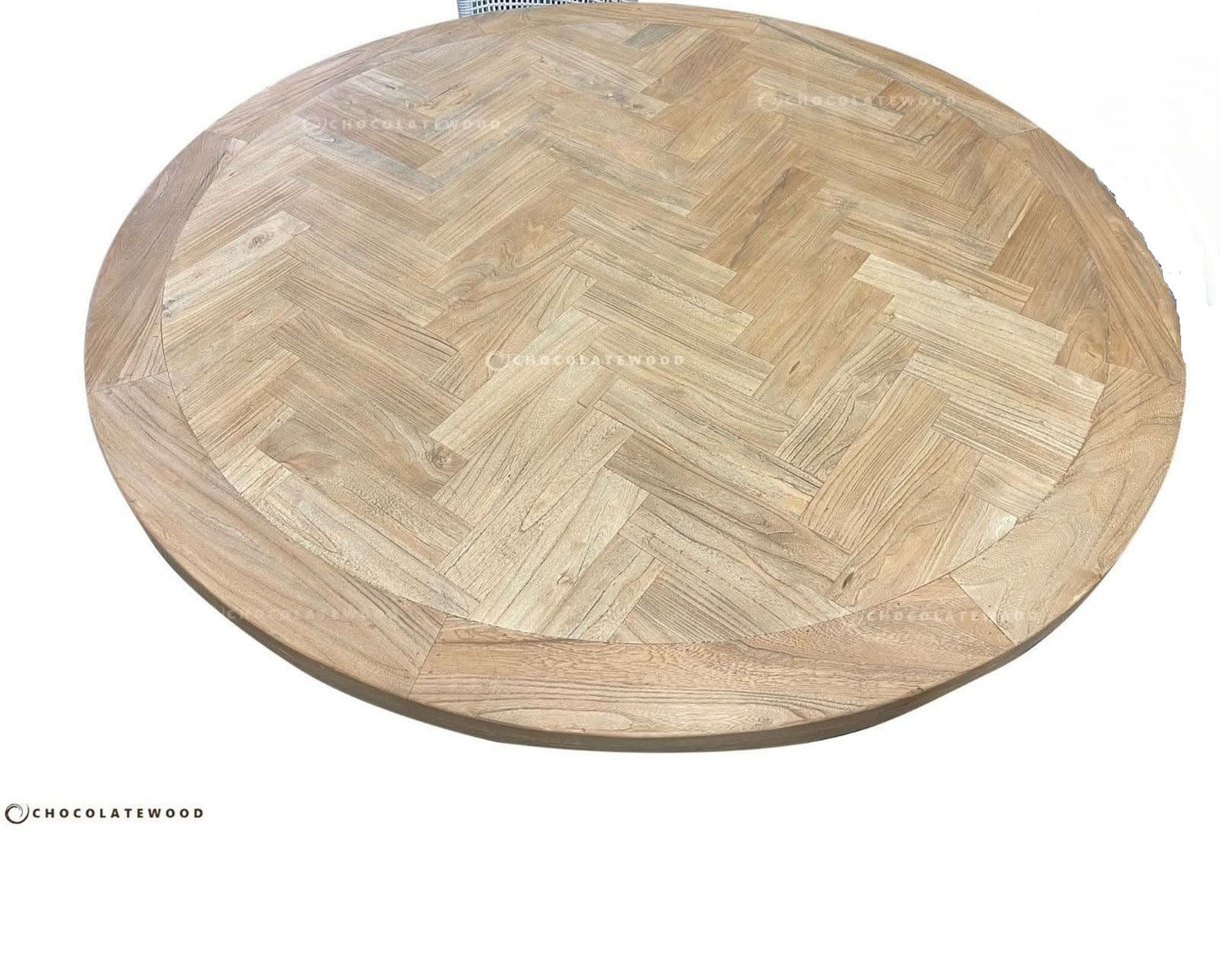 GIBRALTAR HAMPTON STYLE ROUND PARQUETRY DINING TABLE WITH LIGHT WHITE DISTRESSED LEGS IN 1400MM DIAMETER - MyChocolateWood
