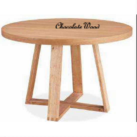 Round dining table made of natural elm veneer and MDF, 120cm diameter, by Chocolate Wood.
