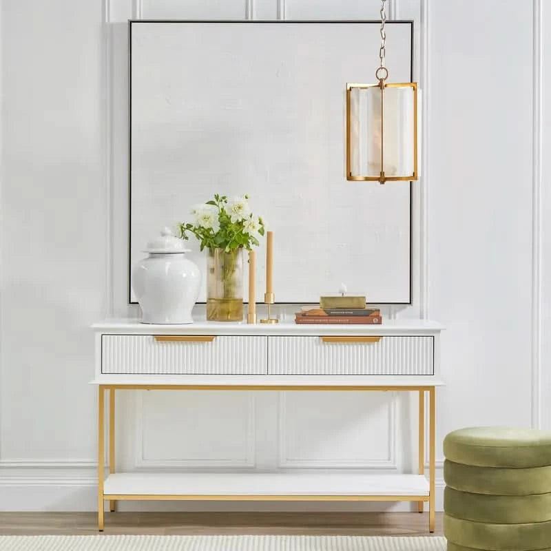 MORETTI 2-DRAWER CONSOLE TABLE/HALL TABLE SATIN WHITE  & GOLD SMALL - MyChocolateWood