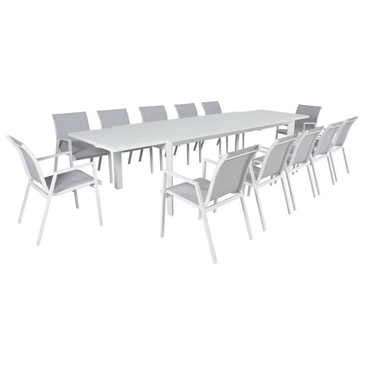 Elphin 13-Piece Outdoor Extension Dining Set in White - Chocolate Wood