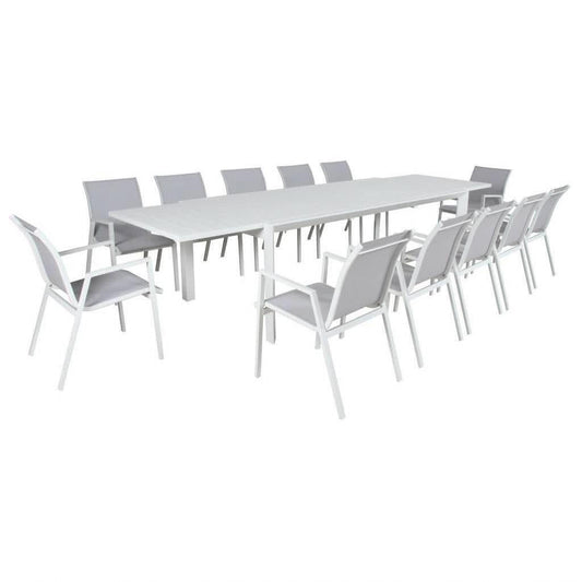 Elphin 13-Piece Outdoor Extension Dining Set in White - Chocolate Wood