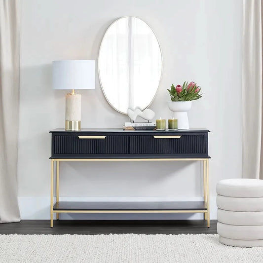 MORETTI 2-DRAWER CONSOLE TABLE/HALL TABLE SATIN BLACK & GOLD SMALL - MyChocolateWood