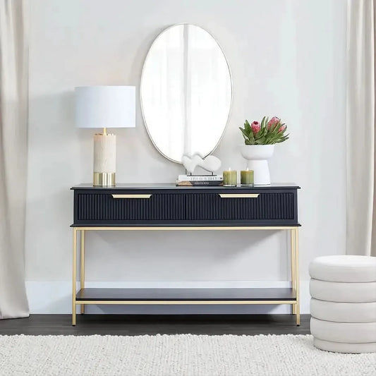 MORETTI 2-DRAWER CONSOLE TABLE/HALL TABLE SATIN BLACK & GOLD SMALL