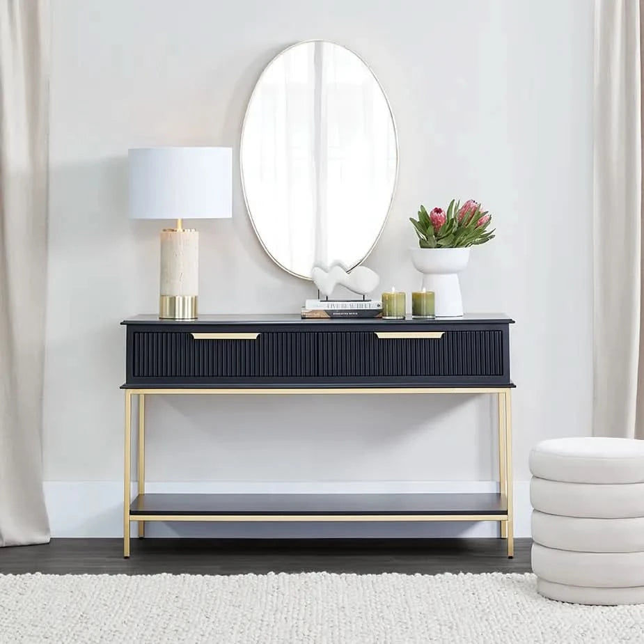 MORETTI 2-DRAWER CONSOLE TABLE/HALL TABLE SATIN BLACK  & GOLD SMALL - MyChocolateWood