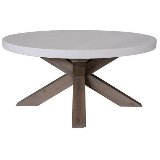 ROSALI 2-TONE WHITE CONCRETE TOP & SOLID ACACIA PEWTER ROUND COFFEE TABLE - MyChocolateWood