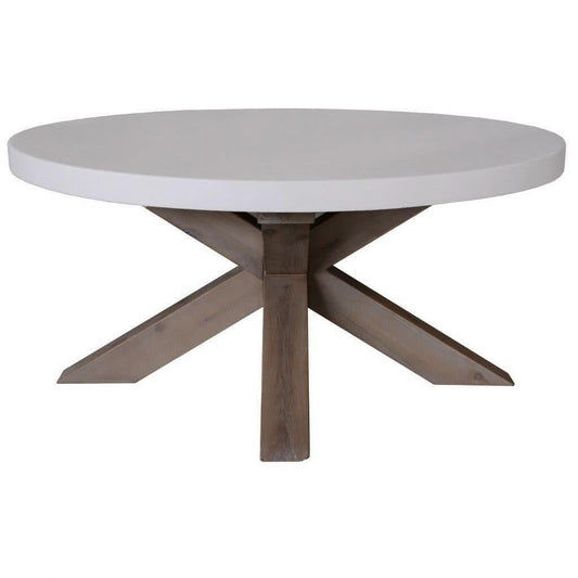 Round concrete and acacia wood coffee table with a two-tone white concrete top and solid acacia pewter finish, by MyChocolateWood.