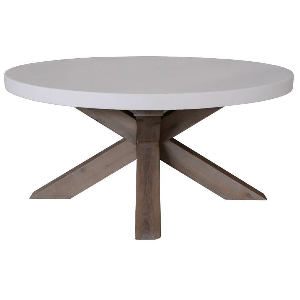 ROSALI 2-TONE WHITE CONCRETE TOP & SOLID ACACIA PEWTER ROUND COFFEE TABLE - MyChocolateWood