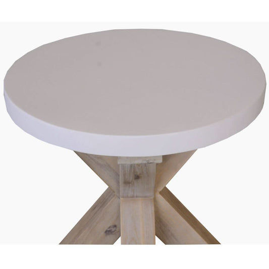ROSALI 2-tone white concrete and solid acacia pewter round lamp table by MyChocolateWood, showing the textured surface and sleek design