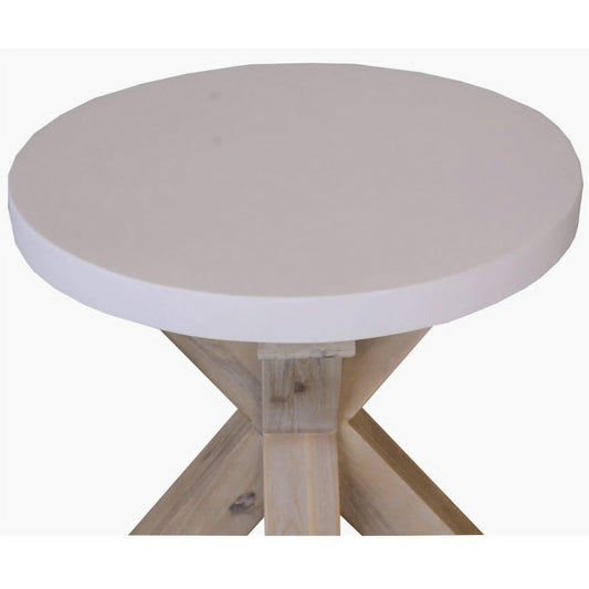 ROSALI 2-tone white concrete and solid acacia pewter round lamp table by MyChocolateWood, showing the textured surface and sleek design
