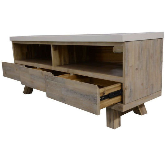 ROSALI white concrete and acacia wood TV unit with 3 drawers and 2 niches, showcasing modern two-tone design by MyChocolateWood.