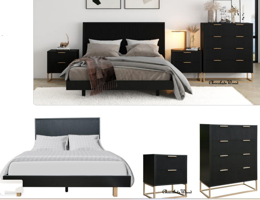 FARAH 4 PIECE SOLID ACACIA BEDROOM SUITE: KING BED, 2X BEDSIDES,TALLBOY BLACK