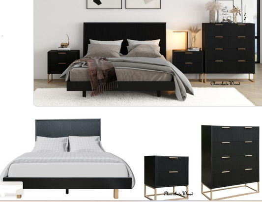 FARAH 4 PIECE SOLID ACACIA BEDROOM SUITE: DOUBLE BED, 2XBEDSIDES,TALLBOY BLACK