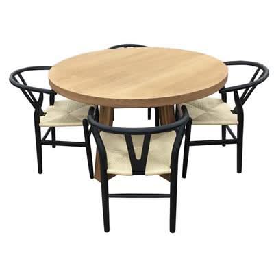 STROUD ELM VENEER TIMBER/MDF 5 PIECE DINING SET: 1  ROUND DINING TABLE 120CM  & 4 STROUD DINING CHAIRS BLACK - MyChocolateWood