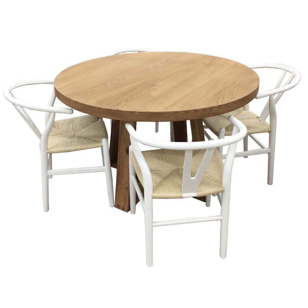 STROUD ELM VENEER TIMBER/MDF 5 PIECE DINING SET: 1 ROUND DINING TABLE 120CM & 4 STROUD DINING CHAIRS WHITE - MyChocolateWood