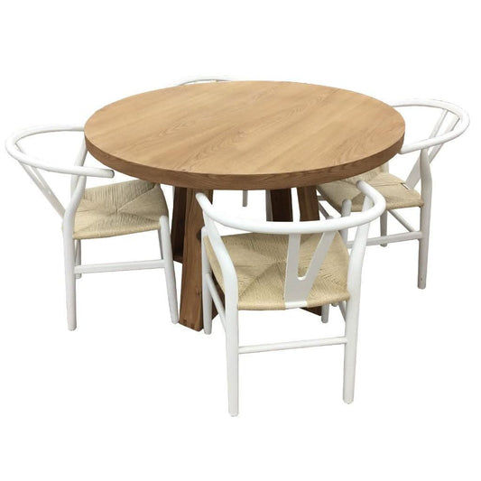 STROUD ELM VENEER TIMBER/MDF 5 PIECE DINING SET: 1  ROUND DINING TABLE 120CM  & 4 STROUD DINING CHAIRS WHITE - MyChocolateWood