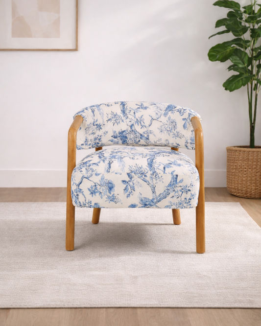 STORMI ACCENT ARMCHAIR - WALNUT RUBBERWOOD FRAME/BLUE & WHITE FLORAL FABRIC - MyChocolateWood