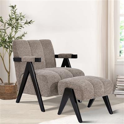 Pellerin Fabric Armchair & Matching Stool in Fawn - Chocolate Wood