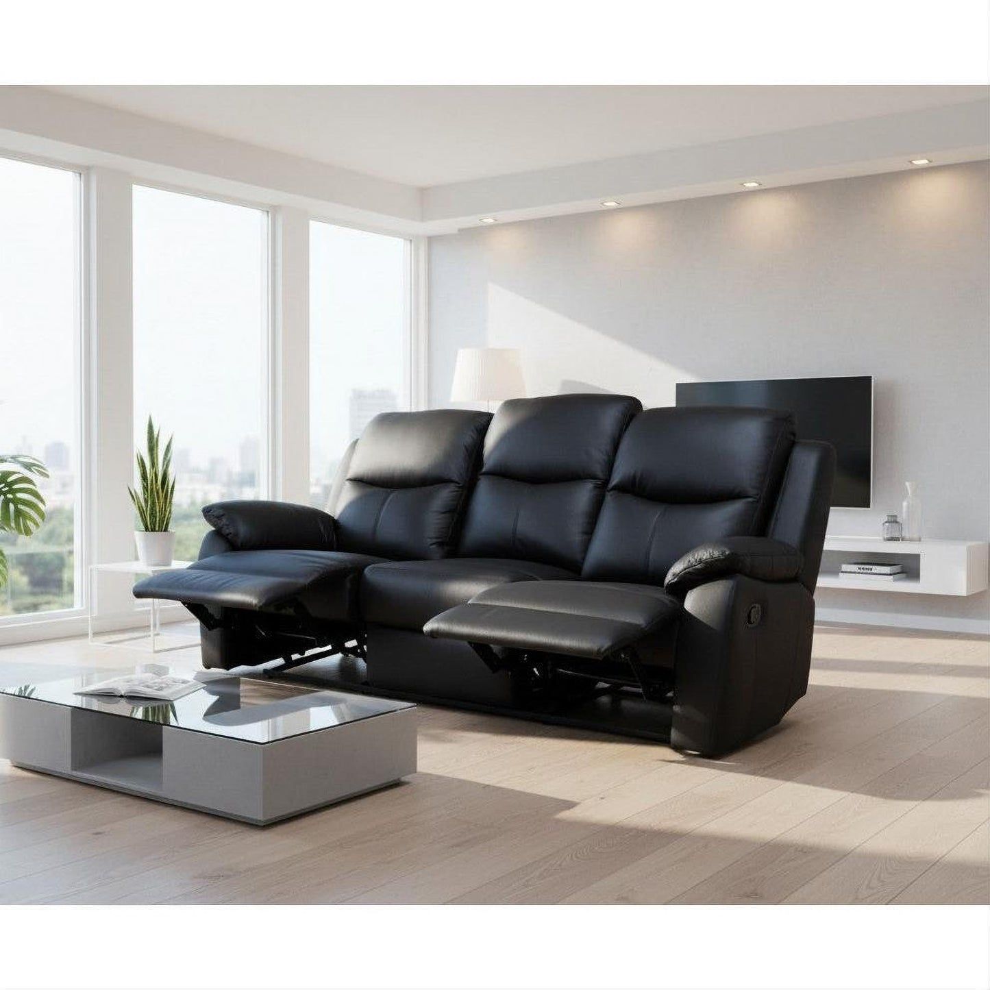 Lancy Premium Leather 3-Seater Manual Recliner Sofa in Black - Chocolate Wood