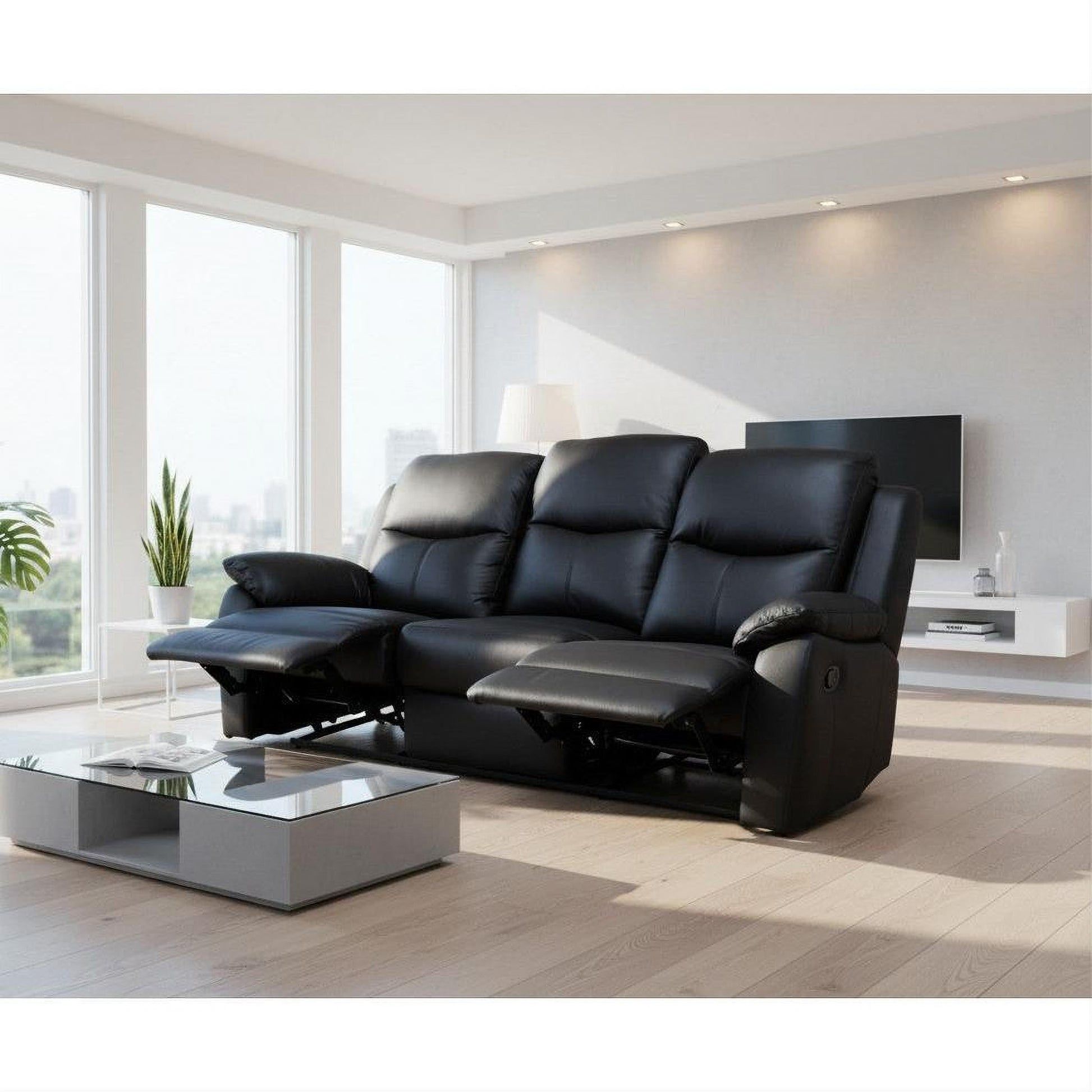 Lancy Premium Leather 3-Seater Manual Recliner Sofa in Black - Chocolate Wood