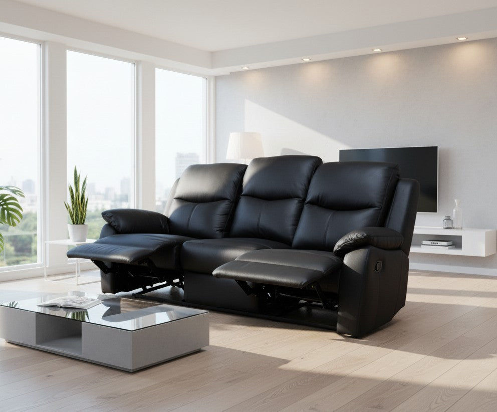 LANCY PREMIUM LEATHER 3 SEATER MANUAL RECLINER SOFA (TWO MANUAL RECLINING SEATS) BLACK