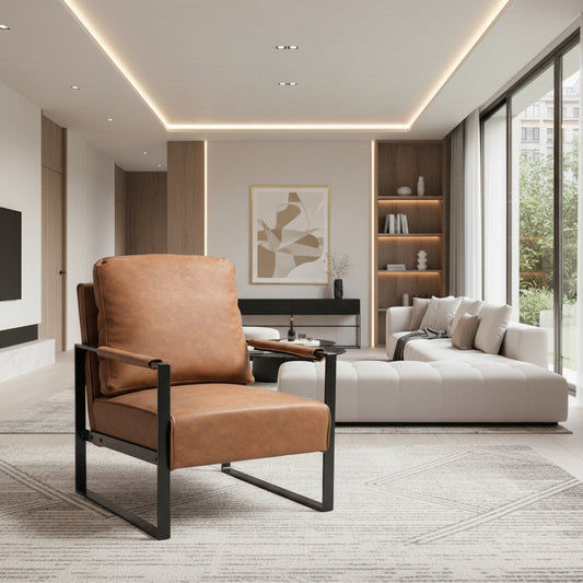 FENNIX ARMCHAIR  ACCENT CHAIR - BLACK FRAME/RICH BROWN PU UPHOLSTERY - MyChocolateWood