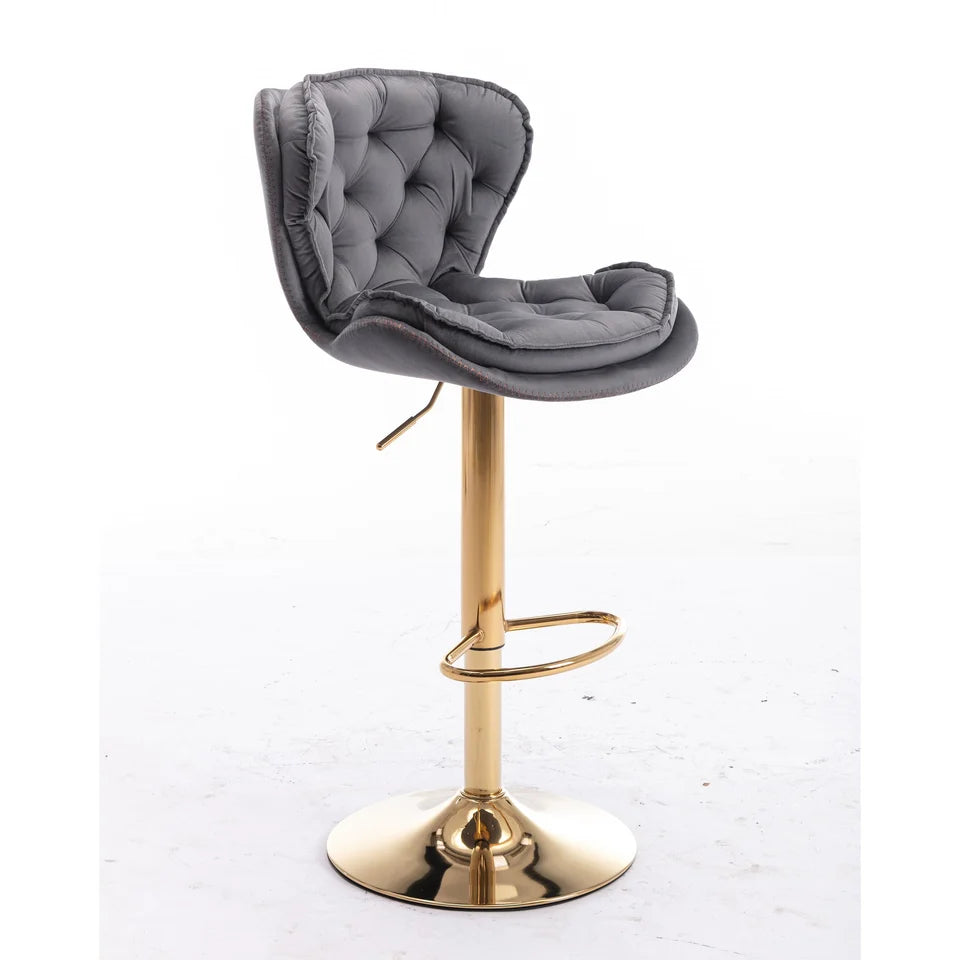 Bassey Plush Velvet Grey & Gold Gas Lift Swivel Bar Stool