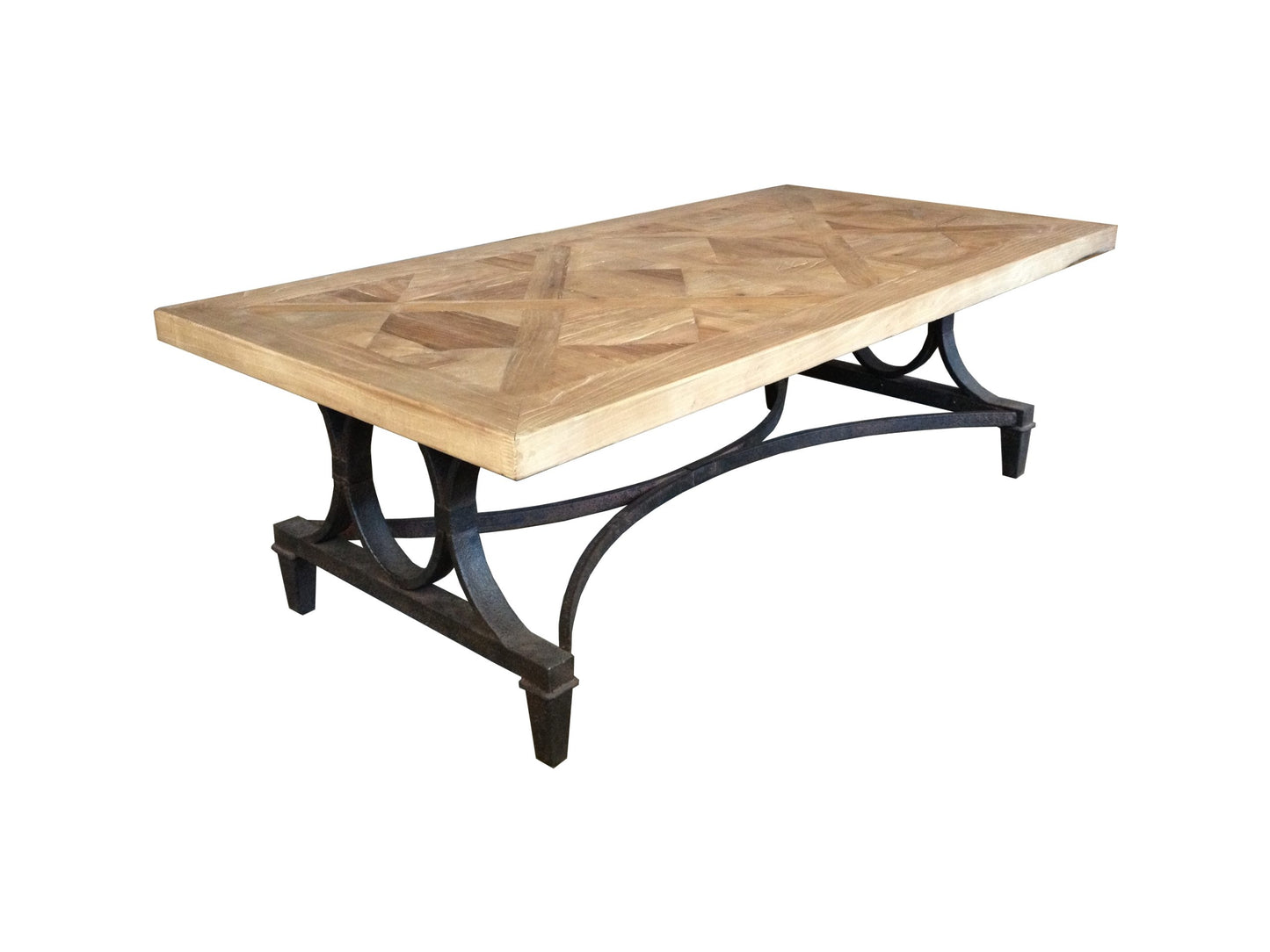 BECK RECYCLED ELM RUSTIC COFFEE TABLE PARQUETRY TOP BLACK IRON BASE - MyChocolateWood