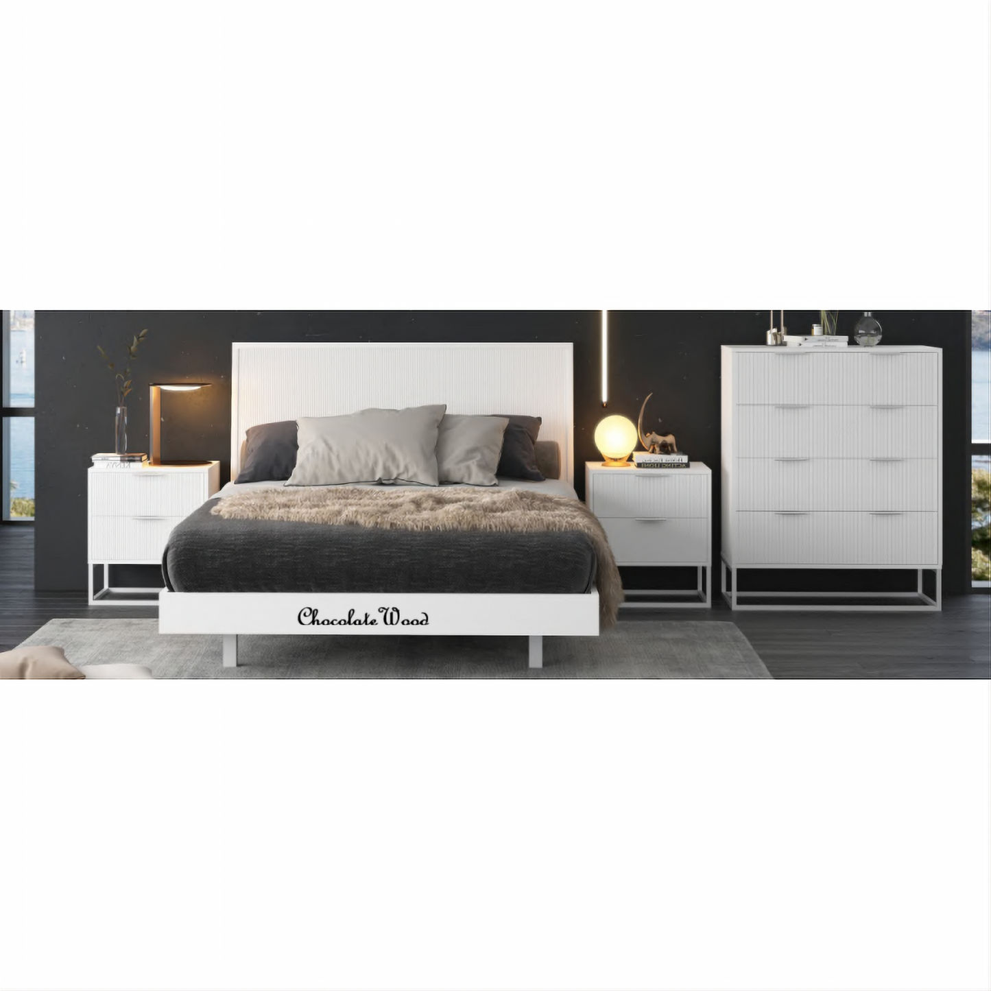 Farah 4-Piece Solid Acacia Bedroom Suite — Bed, Tallboy & 2 Bedside Tables