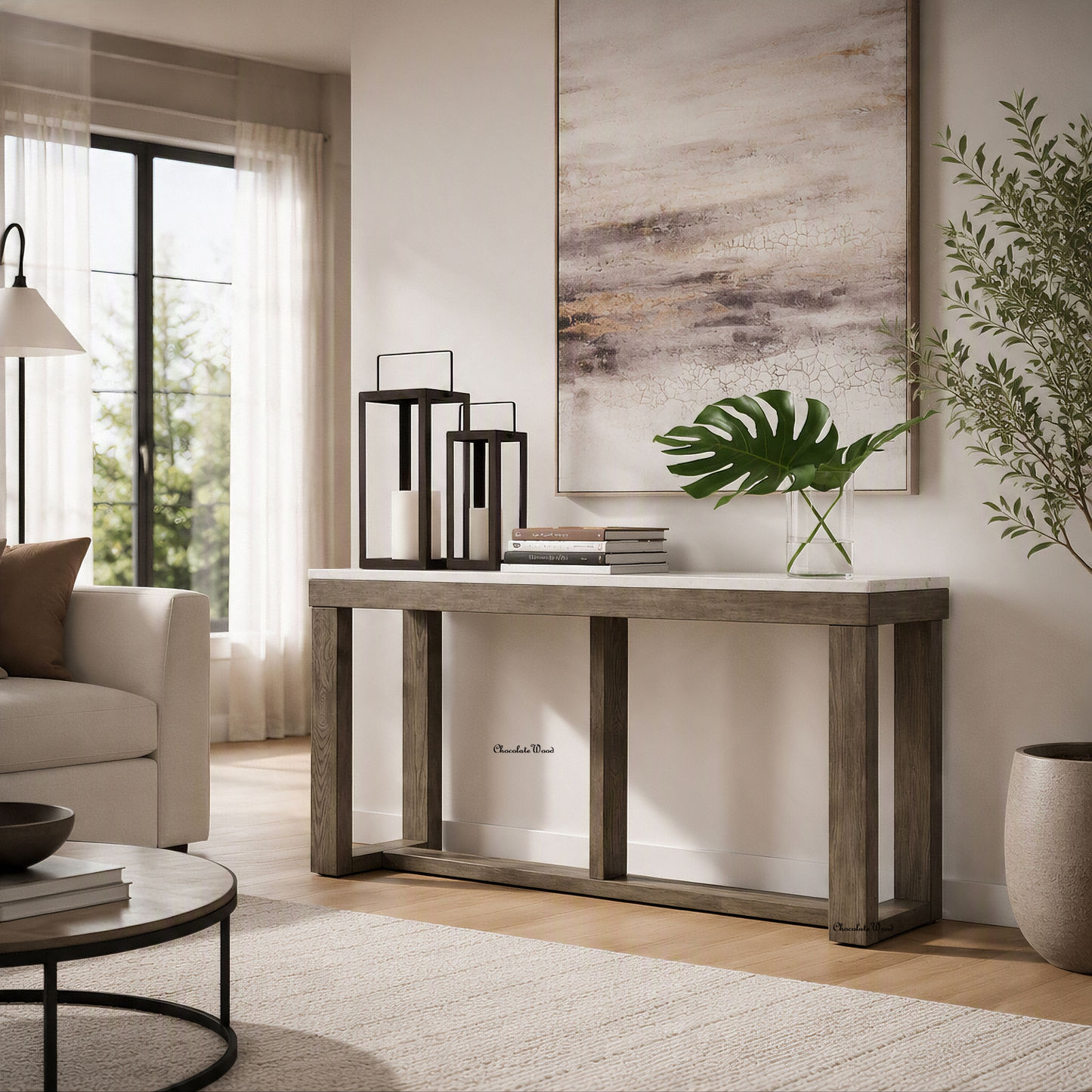 Herrington Oak Hall Table/Console Table in Greyish-Brown Wood Tone with Natural Marble Table Top
