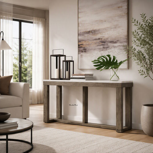 Herrington Oak Hall Table/Console Table in Greyish-Brown Wood Tone with Natural Marble Table Top