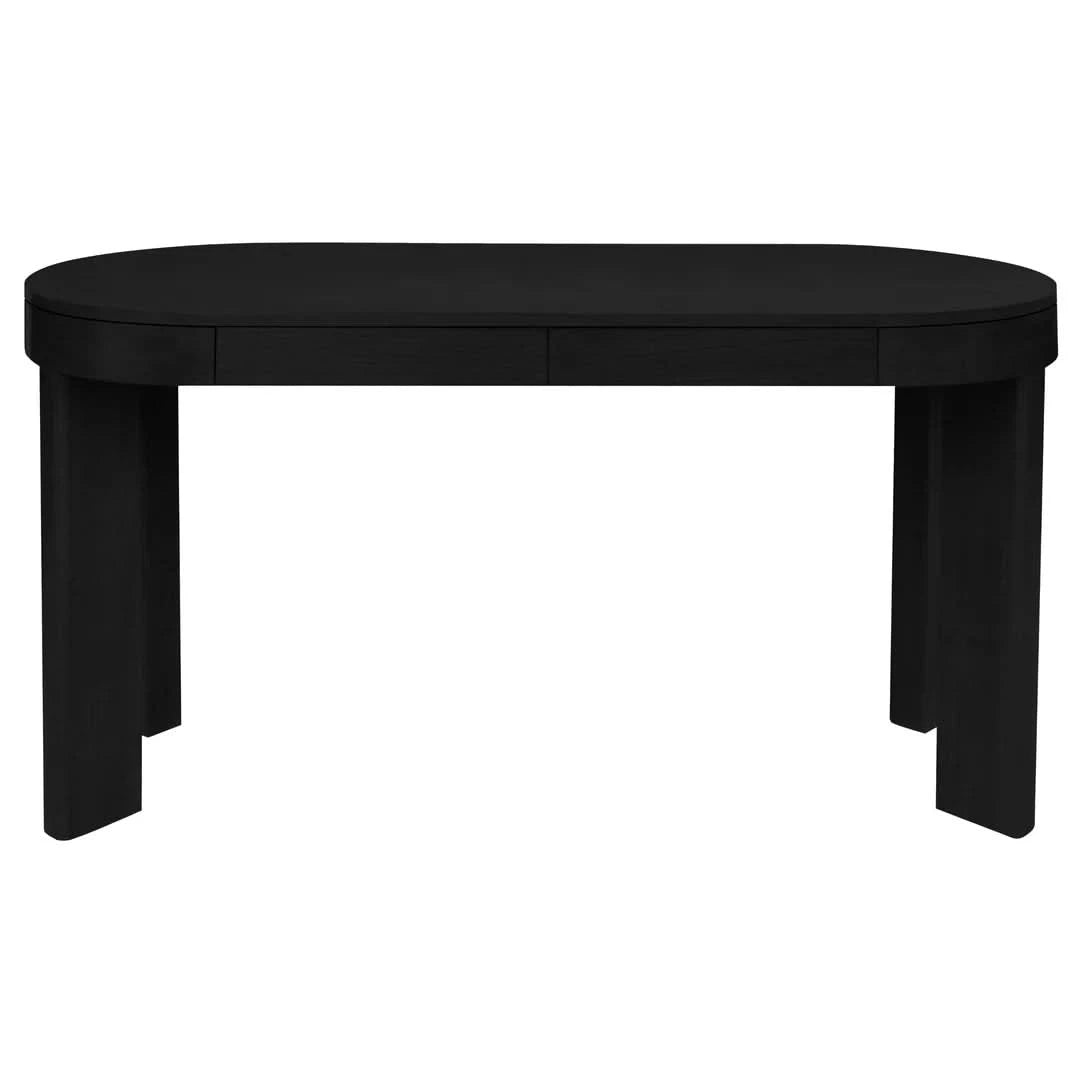 Natural wood oval desk with two drawers from MyChocolateWood's Brentwood Solid Mindi collection, featuring a smooth finish and elegant design.