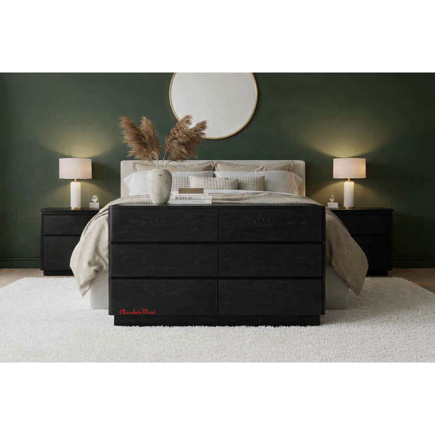 Gatsby Solid Mindi Timber 2-Drawer Bedside Table in Black - Chocolate Wood