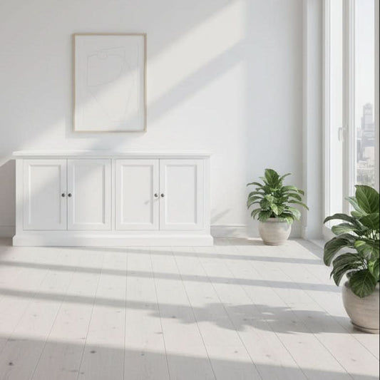 Sherborne Acacia Wood 4-door buffet sideboard by MyChocolateWood with white finish, showcasing its elegant storage design