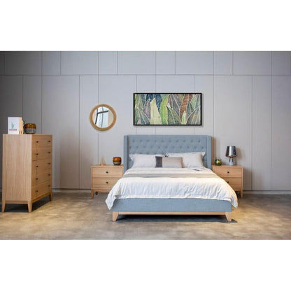 Nerissa Bed with Fabric Button Tufted Headboard in Light Grey - Chocolate Wood