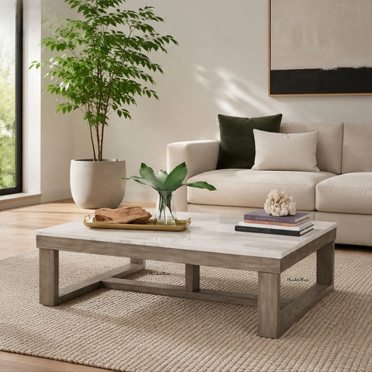 Herrington Oak Coffee Table in Greyish-Brown Wood Tone with Natural Marble Table Top