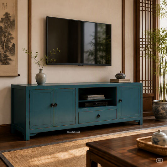 Brielle Recycled Pine 4-Door 1 Drawer TV Unit Teal - 172cm