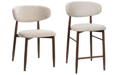 Severin solid and veneer Malaysian hardwood bar chair in beige and walnut finish, featuring a sleek modern design.