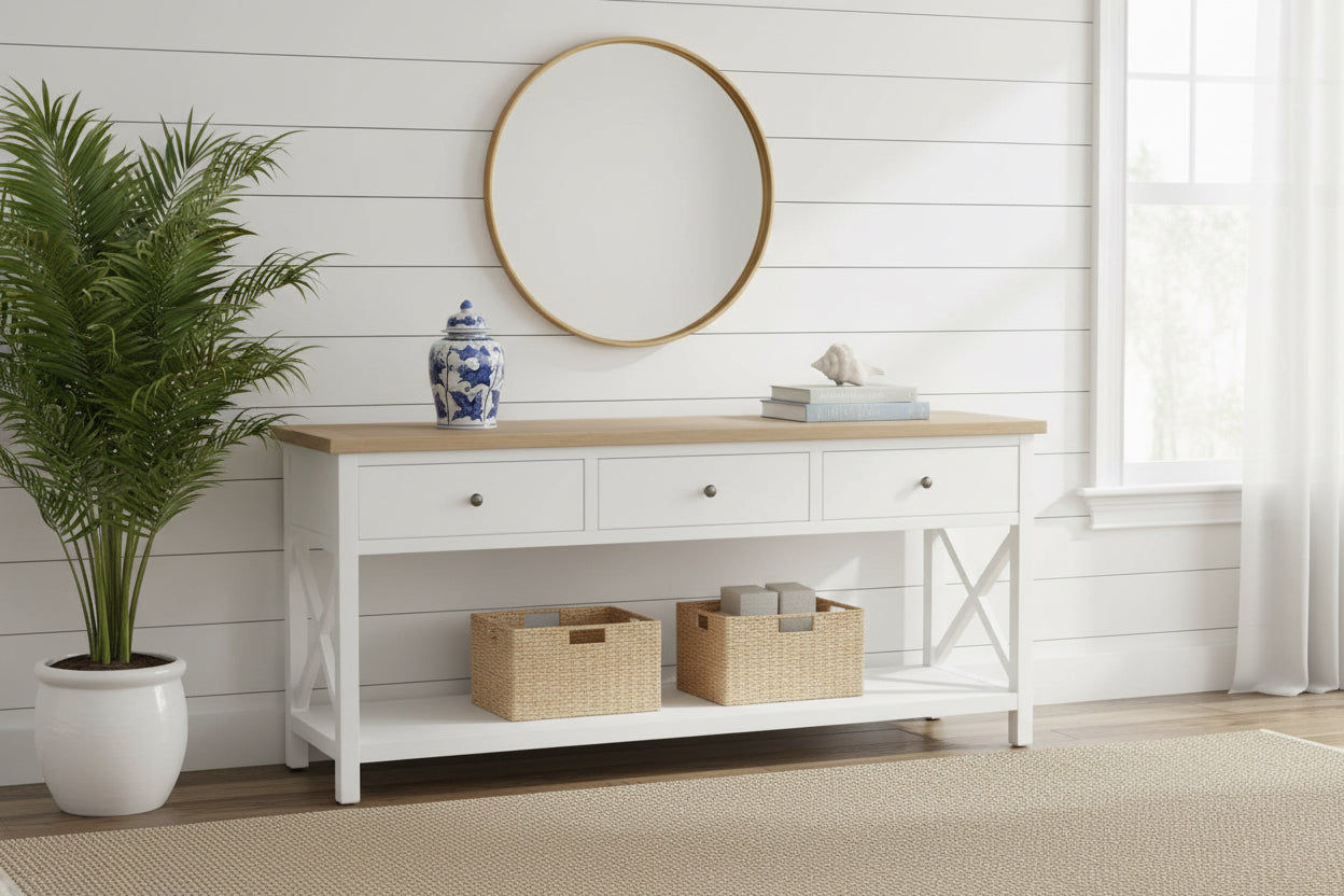 CHRISTA HAMPTON SOLID ACACIA 3-DRAWER CONSOLE TABLE HALL TABLE LIGHT OAK/WHITE - MyChocolateWood