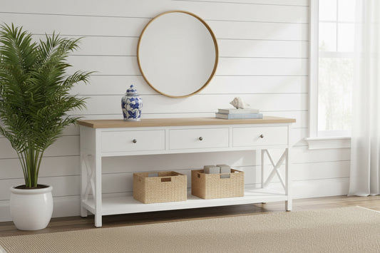 CHRISTA HAMPTON SOLID ACACIA 3-DRAWER CONSOLE TABLE HALL TABLE LIGHT OAK/WHITE - MyChocolateWood