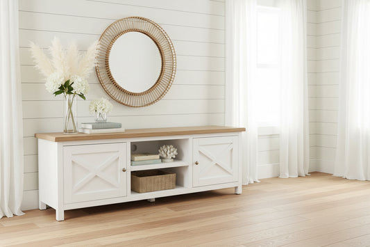 CHRISTA HAMPTON SOLID ACACIA 2-DOOR 2 NICHE TV UNIT LIGHT OAK TOP/WHITE BASE - MyChocolateWood