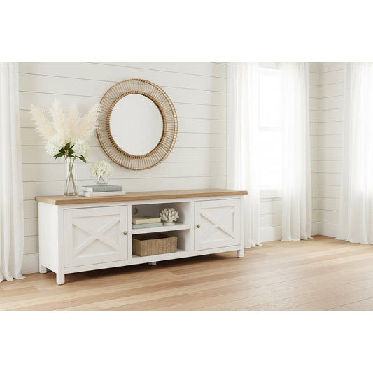 CHRISTA HAMPTON SOLID ACACIA 2-DOOR 2 NICHE TV UNIT LIGHT OAK TOP/WHITE BASE - MyChocolateWood
