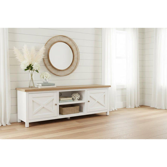 CHRISTA HAMPTON SOLID ACACIA 2-DOOR 2 NICHE TV UNIT LIGHT OAK TOP/WHITE BASE